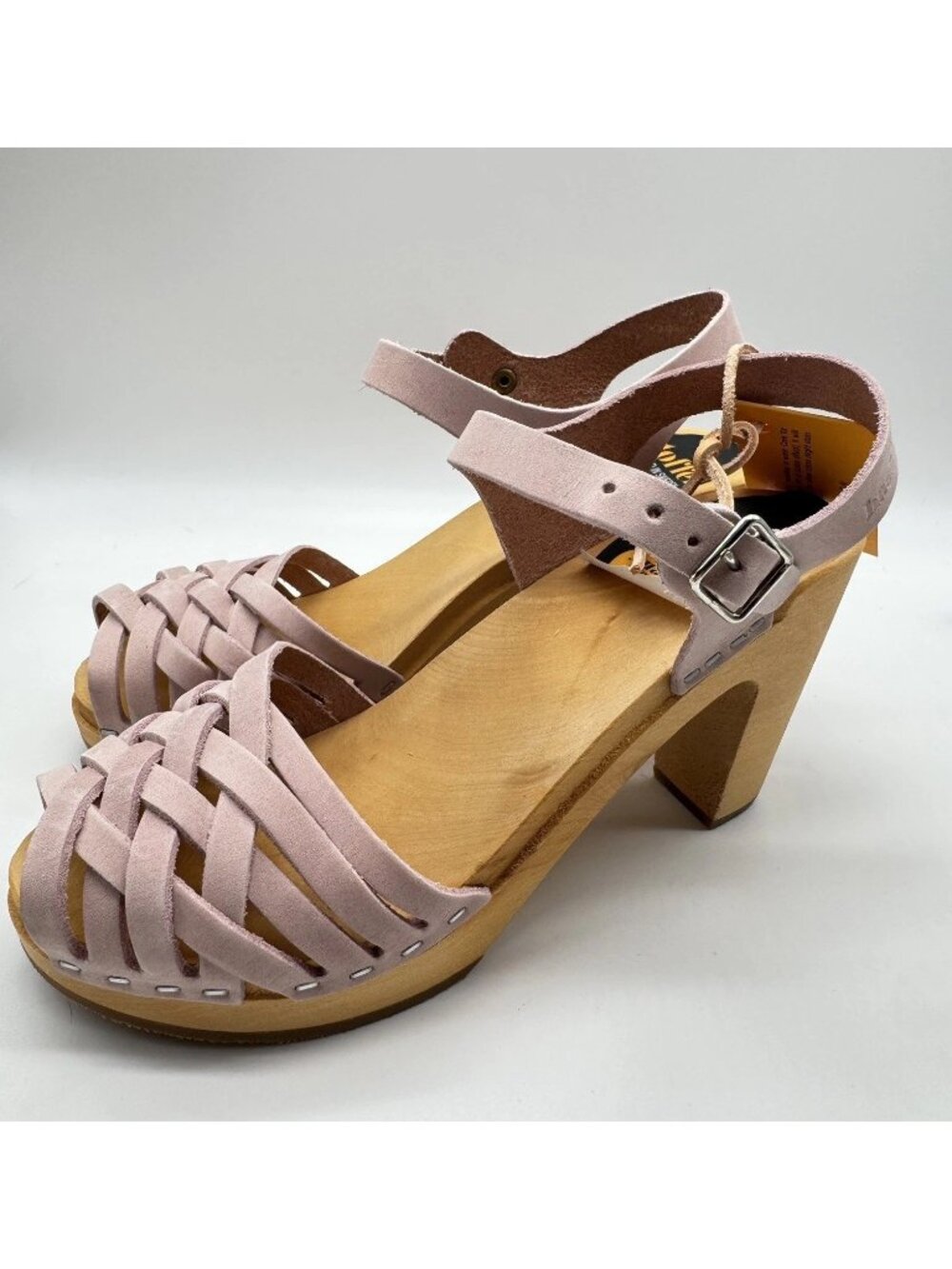Swedish Hasbeens Women’s US 7 37 Pink Leather Braided Sky High Sandals Wood New